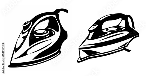 Two classic steam irons displayed side by side for comparison demonstrating household appliance design evolution