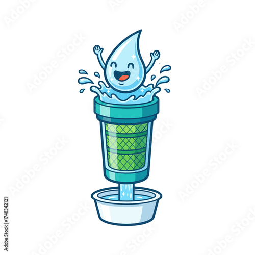 Cartoon water droplet character joyfully jumping from a water filter, with purified water flowing into a basin.