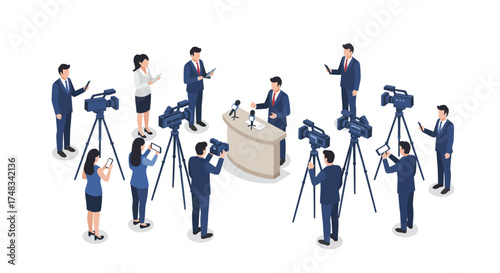 Isometric press conference with journalists and cameras