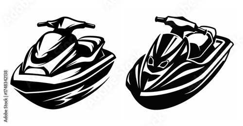 Two black and white jet skis ready for action on the water two personal watercrafts outdoor recreation