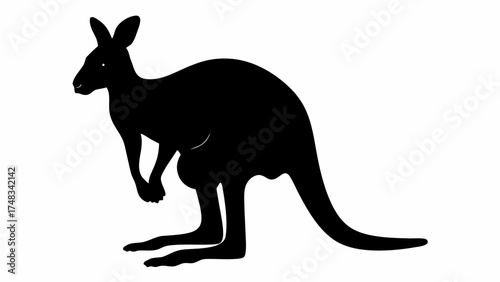 Silhouette of a kangaroo standing with its tail extended, ears up, and facing left on a white background