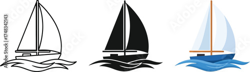 Sailboat vector icon set includes outline silhouette and color versions for nautical themes and graphic design