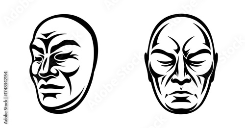 Two dramatic expressive black and white masks on a featuring intense facial expressions