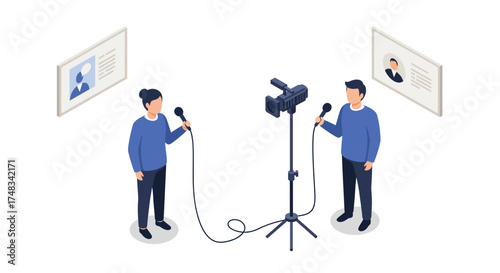 Interview setup with two people and microphone in isometric style