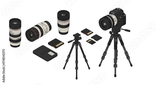 Photography equipment setup with camera, lenses, and accessories on tripods