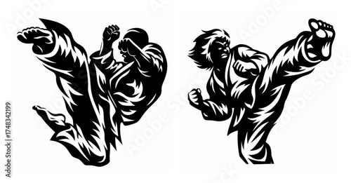 Dynamic karate action two martial artists performing powerful kicks in a dynamic stance