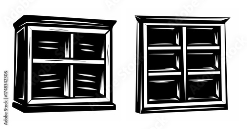 Two antique wooden kitchen shelves or cabinets with multiple compartments for storage