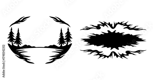 Nature landscape silhouette circular frame with pine trees and lake reflections overlay