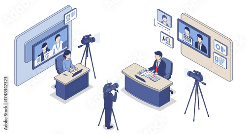 Isometric newsroom scene with reporters and interview set in a modern studio environment