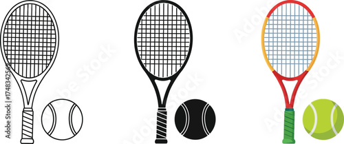 Tennis racket and ball icon set vector illustration in outline silhouette and color isolated on white background