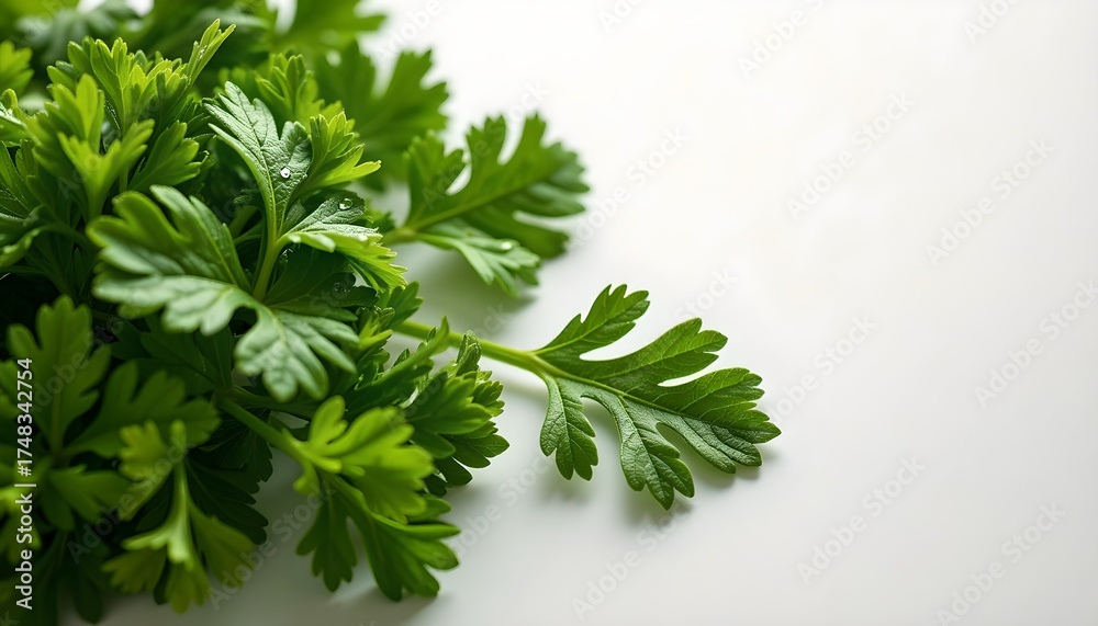 Fototapeta premium Vibrant fresh parsley leaves with a clean, simple background, perfect for garnishing and flavor
