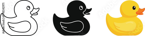 Rubber ducky vector illustration set featuring outline silhouette and color versions perfect for childrens designs and bath product promotions