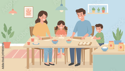 Happy family cooking together at home Parents and children enjoy a joyful culinary bonding activity