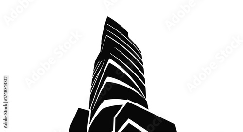 Modern abstract skyscraper illustration with dynamic lines and sharp angles against a white background.