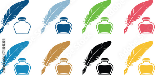 Various colored quill pens and inkwells in a grid pattern on transparent