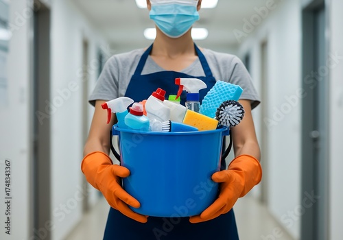 Close-up of a person in a blue apron and rubber gloves carrying cleaning products for facility maintenance in a corridor.