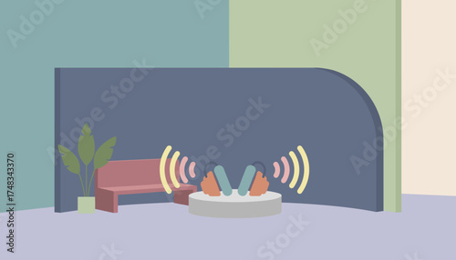 Wireless headphones on stand emitting sound waves in a calm modern interior Audio concept