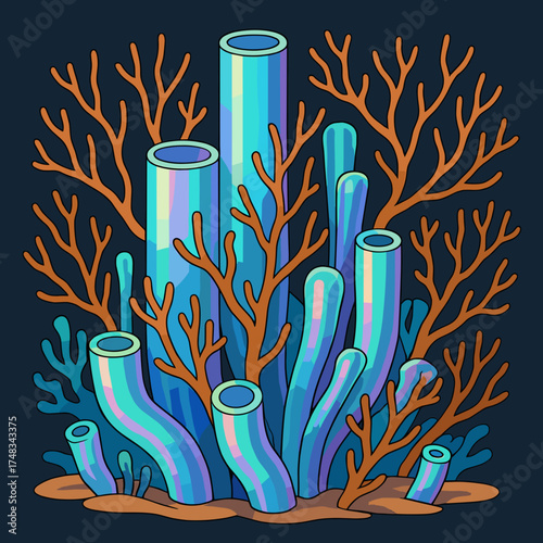 Colorful underwater coral reef with blue and orange corals on dark background, digital illustration