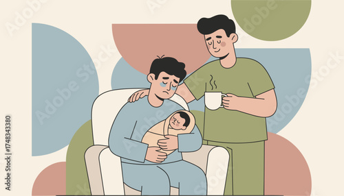 Two dads supporting each other with their newborn baby One dad feeling overwhelmed getting comfort