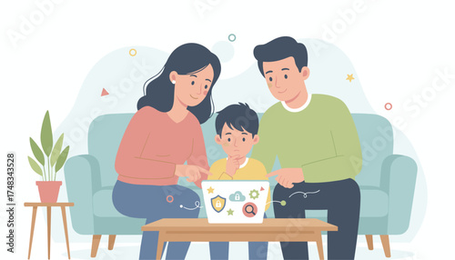 Parents teach thoughtful child about online safety and digital security on a laptop at home