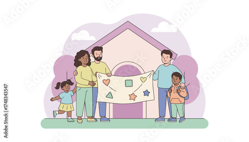 United diverse families stand before a home holding a banner of learning and togetherness