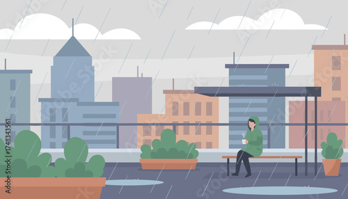Person in raincoat sips hot drink on a rainy city rooftop embracing urban tranquility