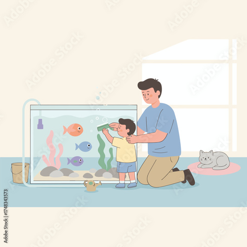 Father and son cleaning a fish tank together bonding over pet care at home