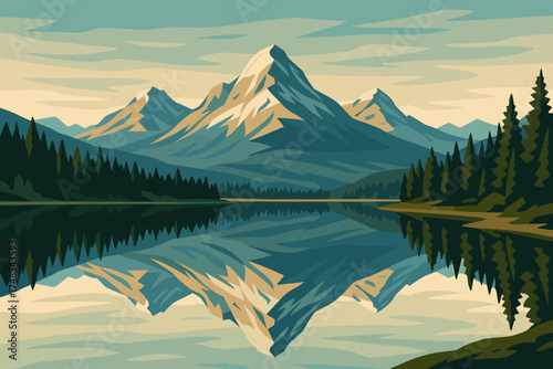 Serene mountain landscape with reflection on calm lake and pine trees, digital artwork