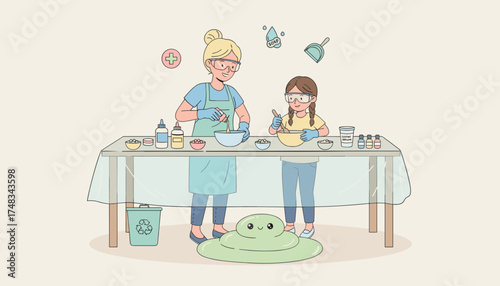 Woman and girl happily making DIY soapcrafts wearing safety gear fostering creativity
