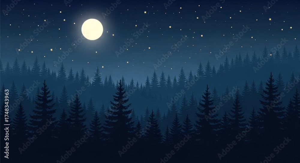 Fototapeta premium Glowing full moon illuminates a dense, dark forest of silhouetted trees under a starry night sky
