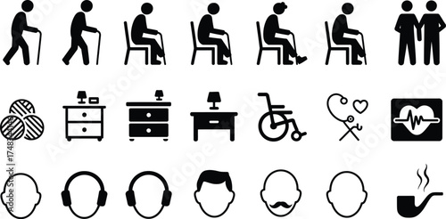A collection of black and white icons depicting elderly care and health