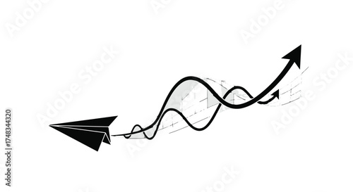 Paper airplane soaring upwards with a dynamic wave graphic, symbolizing growth and progress.