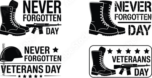 Four black and white veterans day themed designs with boots and weapons