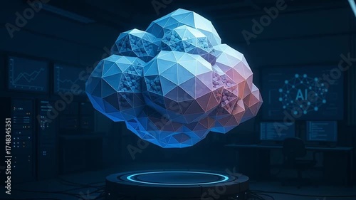 Cloud storage technology concept with geometric polygonal cloud and digital server room, illuminated by blue, purple, pink, and orange light, representing secure data management and artificial