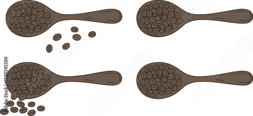 Illustration of four wooden spoons filled with dark roasted coffee beans