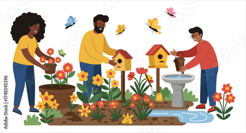 Family Planting Flowers and Building Birdhouses Together Outdoors
