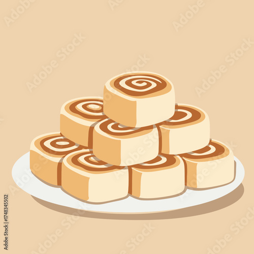 Simple Flat Style Delicious Cinnamon Roll Stack on Plate Illustration