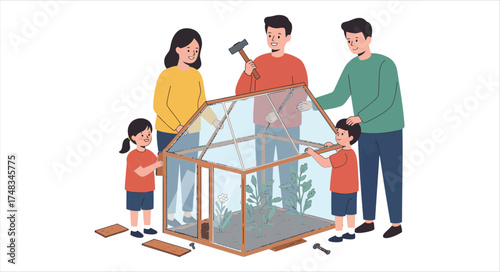 Family Building a Greenhouse Together Enjoying Hobby