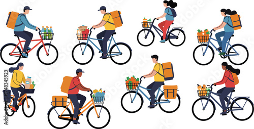 Illustration of diverse people delivering groceries by bicycle