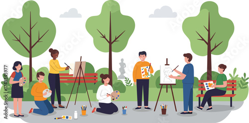 People painting in a park setting