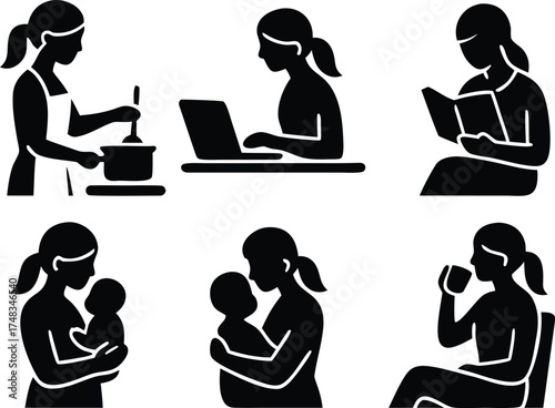 Everyday Mom Icon Set – Minimal Black Silhouette Vector of Mother Cooking, Working, and Caring for Child