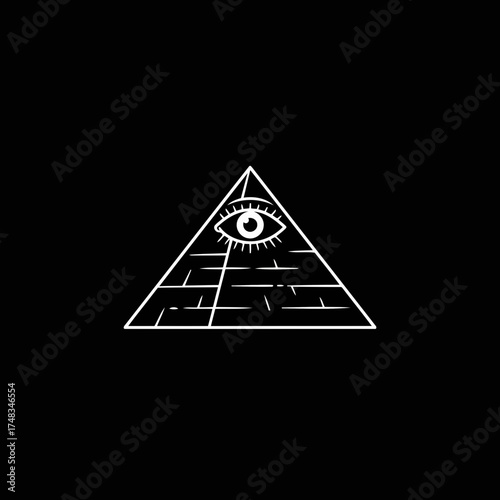 Minimalist White All-Seeing Eye Pyramid Vector Illustration on Black Background