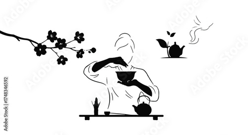 Serene tea ceremony with delicate floral accents, symbolizing tradition and mindful ritual.