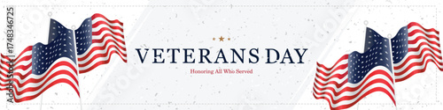 Vector long banner with waving American flags for Veterans Day and patriotic USA holidays. USA background for celebration, honor and national pride events.
