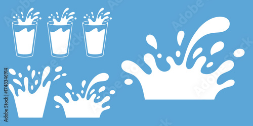Illustration of three glasses and various splashes on a blue background
