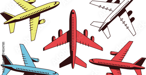 Illustration of five airplanes in different colors and orientations