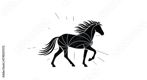 Majestic black horse illustration with radiating light effect on white background