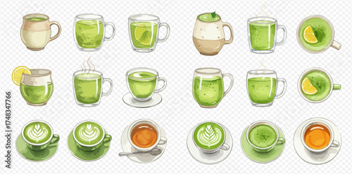 A collection of watercolor illustrations depicting various green tea and matcha drinks in different mugs and cups, some with latte art and lemon slices.