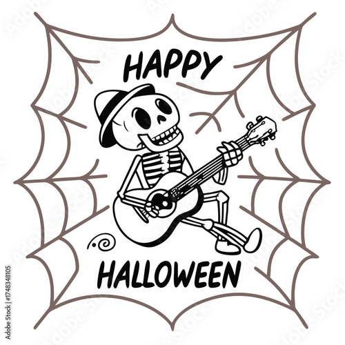 Happy Halloween Skeleton Playing Guitar Vector Illustration, Funny Musical Skeleton Art, Spooky Spider Web Design for Halloween Decorations