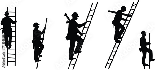 Silhouette workers climbing ladders, construction safety gear, helmet protection, tool belt equipment, occupational climbing techniques, industrial maintenance, teamwork silhouettes